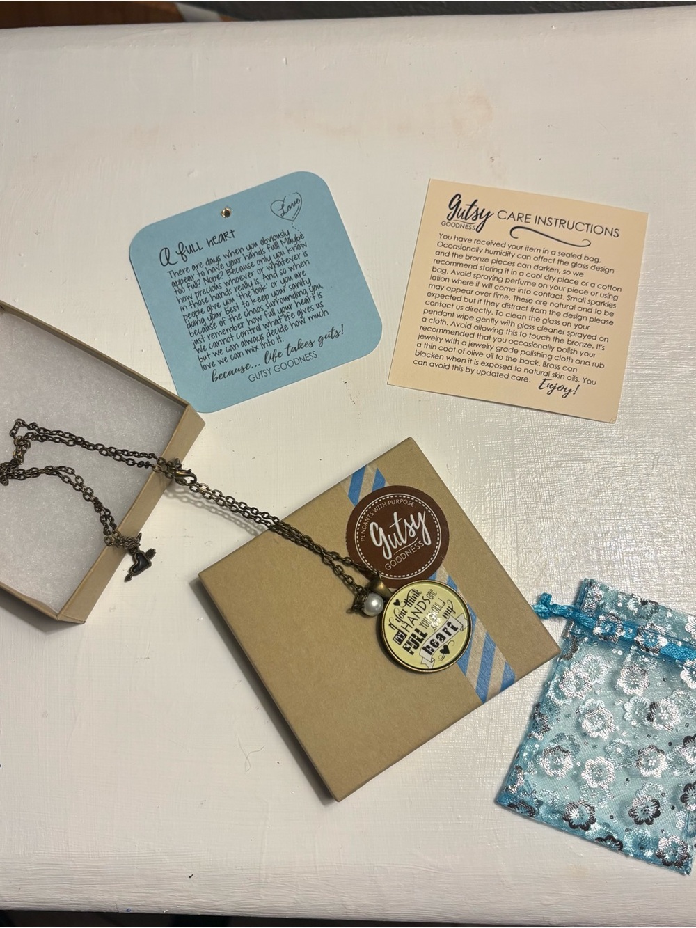 New Gutsy Goodness Pendant Necklace with Aqua Blue Pouch, box, inspired card
